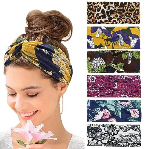 Image of Kavya Wide Hair bands for Women Boho Headbands for Women's Hair Elastic Soft 6 Pieces Headband Print Head bands Adult Women Accessories Yoga Sports Hairband Multicoloured Thin Headscarf