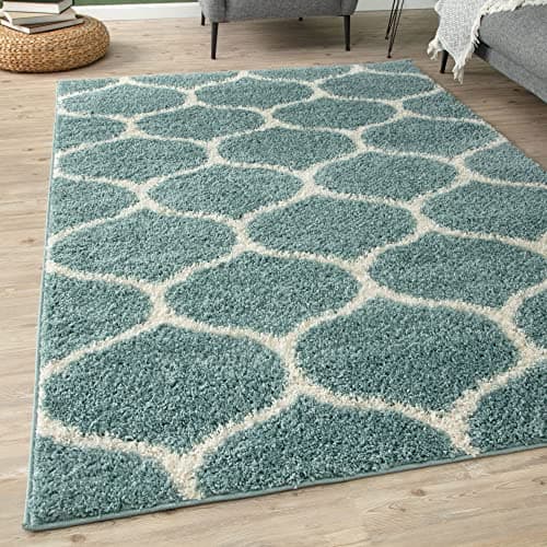 Image of THE RUGS Shaggy Rug – Modern Moroccan Design Rugs for Living Room, Bedroom, Hallway, 3 cm Thick Area Rugs, (Trellis Duck egg blue/Ivory, 160x230cm)