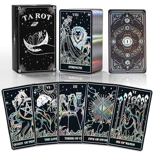 Image of ACELION Silver Foil Edge Tarot Card Set with Guide, Tarot Cards,78 Pieces of Tarot Cards with Gold foil on The Surface, Fortune-Telling Game, Tarot for Beginners