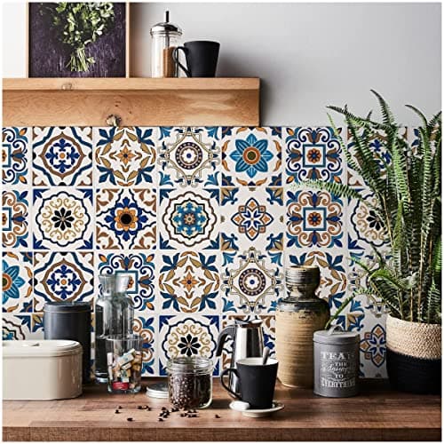 Image of Moroccan Tile Stickers for Kitchen 24 pcs Bathroom Self Adhesive Tiles Stick On Wall Waterproof Oil-Proof Vintage Mosaic Art (20cm x 20cm, 8x8 inches) for Stairs (Blue Orange 2)