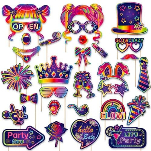 Image of Qpout 30pcs Neon Photo Booth Props,Funny Glow Party Selfie Props Accessories for Retro 70s 80s 90s Disco Carnival Party Supplies Decoration