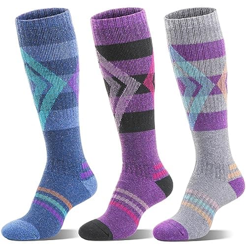 Image of Welwoos Merino Wool Ski Socks for Womens Mens Thermal Heated Winter Warm Thick Knee High Gift Sock Stocking Fillers for Skiing Outdoor Sports Snowboarding 3 Pairs (Blue/Purple/Grey B,M)