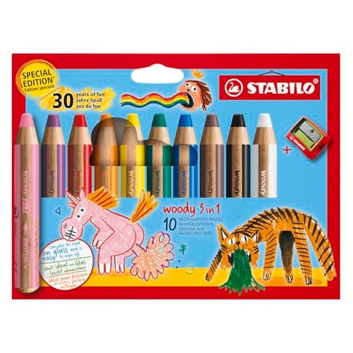 Image of STABILO woody 3-in-1 - Multi-Talented Pencil - Pack of 10 - Birthday Edition - Assorted Colours with Sharpener