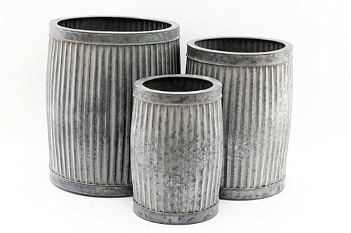 Image of My Square Mile Galvanised Tub Planters Large Metal Round Ribbed Dolly Garden Drum Flower Pots (Set Of 3)