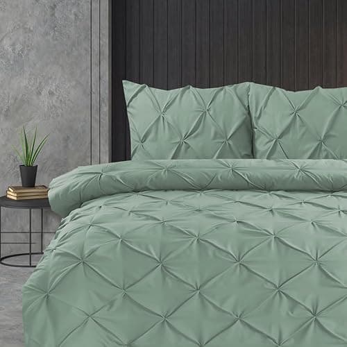 Image of Linen Home Super King Duvet Cover Set Sage Green Pintuck Pinch Pleat Soft Microfibre Duvet Cover with 2 Pillowcases, Easy Care Wrinkle Free Bedding Set (Sage Green, Super King)