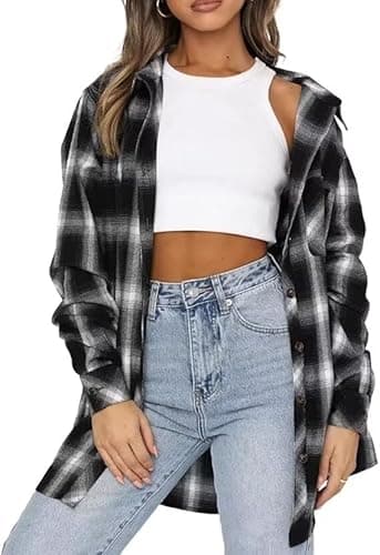Image of LACOZY Oversized Shirts for Women Black Buffalo Plaid Blouse Long Sleeve Loose Tunic Tops Black Large