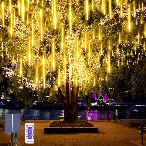 Image of OPAHUTER Solar Meteor String Lights with Remote, 240 LEDs Falling Rain, 30cm 10 Tubes Meteor Shower Waterproof Snowfall for Party Wedding Garden Christmas Tree