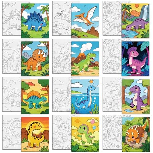 Image of MAYJOYDIY 12 Pcs Cartoon Dinosaur Pre Drawn Canvas to Painting Stegosaurus Pre Printed Canvas for Adults 25×20cm Pterosaur DIY Paint Art Board Supplies for Beginners, Party Favor