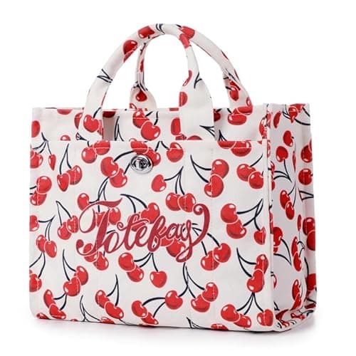 Image of HiTotes Small Cherry Tote Bag for Women Canvas Hobo Handbag Bow Crossbody Purse with Adjustable Strap for Daily Use