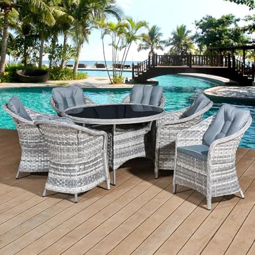 Image of Oseasons Sicilia Rattan 6 Seat Dining Set in Dove Grey with Black Glass - Outdoor Patio Furniture, Weather Resistant Rattan Dining Table and Chairs with Cushions for Garden or Deck