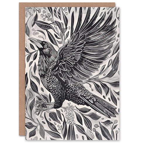Image of Artery8 Greeting Card Wild Black Raven in Flight Painting Magic Gothic Blank For Him Or Her Art Birthday Card