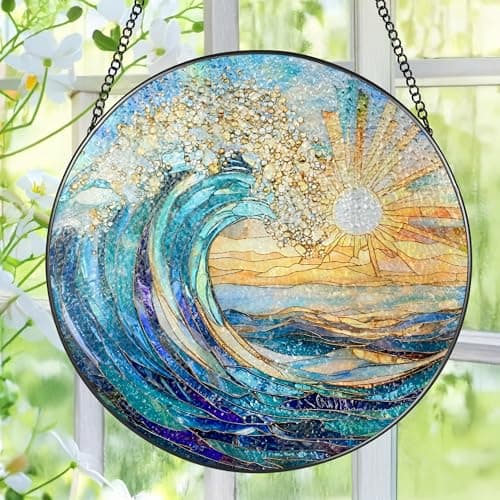 Image of Sea Wave Stained Glass Suncatcher, 8 Inch Ocean Suncatchers for Window Hanging, Beach Lover Gifts, Beach Decor, Coastal Suncatcher, Gifts for Friends, Couples, Family, Colleagues
