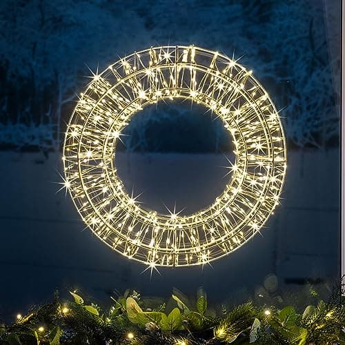 Image of CHRISTOW Light Up Christmas Wreath 38cm, Metal Hanging Door Wall Decoration, 480 Warm White Micro LED, Mains Powered with Timer Function, Indoor Outdoor