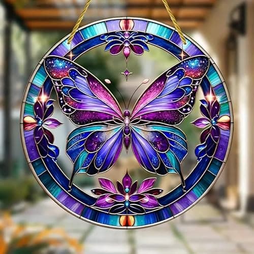 Image of Vibrant Flower Butterfly Stained Windows Hanging Suncatcher,Flower Stained Glass Suncatchers Window Ornament Stained Glass Panel Sun Catcher Wall Hanging Decor Birthday Gifts