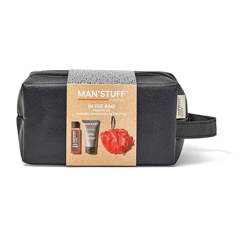 Image of Man Stuff Toiletries Travel Wash Bag Filled Shower Gel Shampoo Body Sponge Gift Set Mens Leather Travel Bag