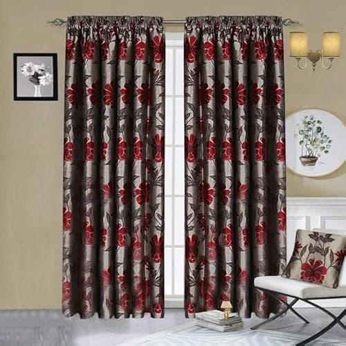 Image of PRIME LINENS Floral jacquard Fully Lined Pencil Pleat Pair Curtains with 2 Tie Backs Living Room Bedroom Window Modern Panels Curtains (Red, W 46''x L 54'')