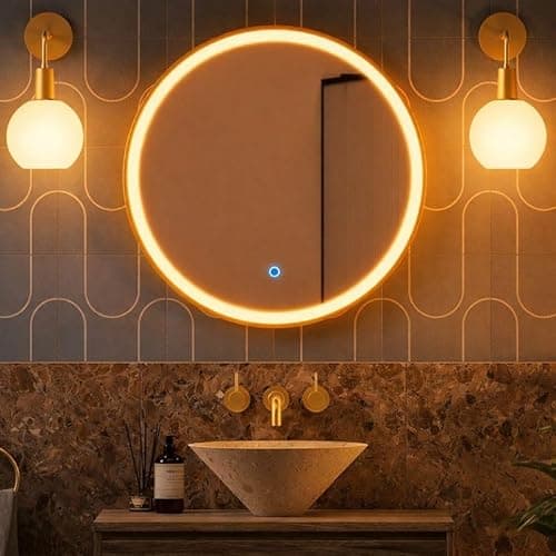 Image of Lumora 600mm Round Brushed Brass Front-Lit LED Bathroom Mirror, Dimmable Tri-Colour Light, Anti-Fog Demister, Touch Sensor, IP44 Wall Mounted (Brushed Brass/Gold)