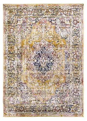 Image of SrS Rugs Vintage Rugs for Living Room, Bedroom, Dining Room, Kitchen Room - Boho Distressed Traditional Faded Ikat Style Multicoloured Design Smooth Soft Low Pile (Gold, 80 x 150 cm)