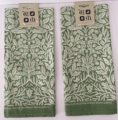 Image of Jansons 2 x 100% Cotton Acorn Green Design Kitchen Tea Towel in Green 50cm x 70cm William Morris Gallery