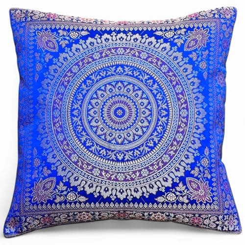 Image of Original Kikan Indian patchwork mandala sari ethnic silk Banarsi cushion covers mandala 16"x16" (Royal Blue)