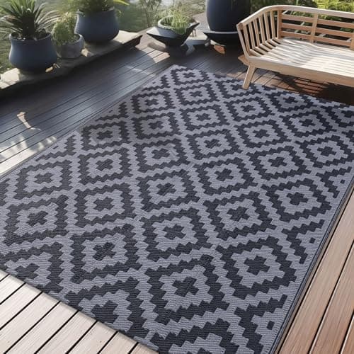 Image of Homaxy Waterproof Outdoor Rug, Anti-slip Reversible Plastic Straw Garden Rugs, Easy Cleaning Carpet Patio Area Rugs for Camping, Deck, Beach, Picnic, Backyard (150 x 240 cm, Black & Grey)