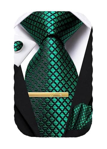 Image of Hi-Tie Mens Silk Plaid Ties Dark Green Jacquard Formal Necktie Pocket Square Tie Clip for Wedding Business Party