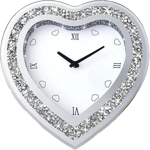 Image of JAYOGLA Heart-Shaped Wall Clock with Crystals, 30 X 30 cm, White and Silver Glass Face, Silent Non-Ticking