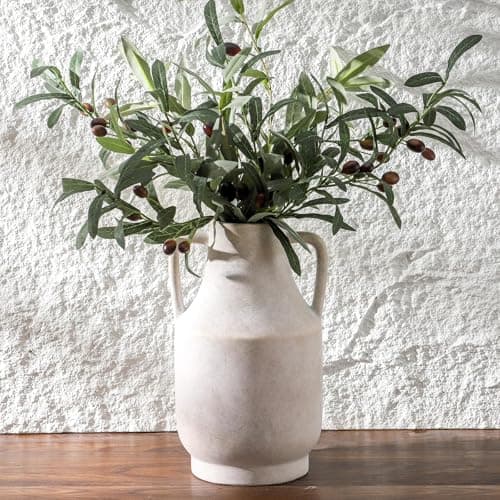 Image of KRYSTHIA Ceramic Flower Vase with Handles, Large Decorative White Vase, Farmhouse Terracotta Vases for Home Decor, Rustic Vintage Vases for Living Room, Kitchen, Bedroom, Office, Coffee Table, 28CM
