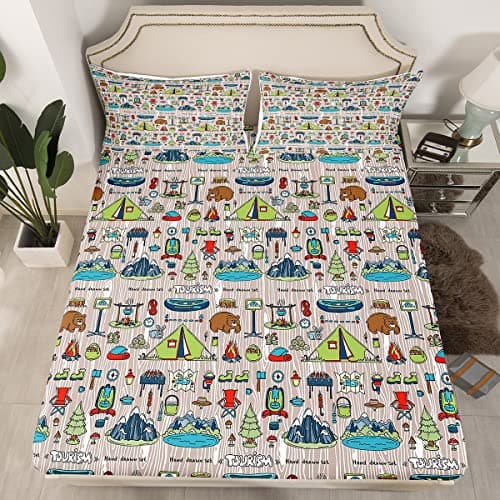 Image of Loussiesd Rustic Farmhouse Style Bedding Set Colorful Camper Bed Sheet Set for Kids Adult Great Camping Fitted Sheet Woodland Hiking Adventure Bed Cover No Flat Sheet Double Size 3Pcs