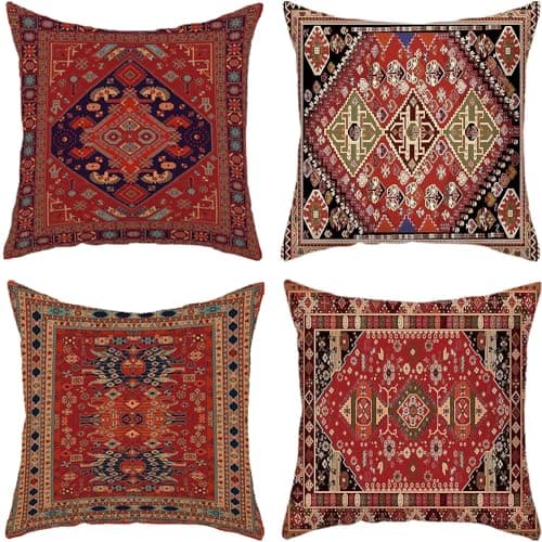 Image of Geliking Sofa Cushion Covers 45cm x 45cm Set of 4 Bohemian Style Decorative Throw Pillow Covers 18 x18 Inch Linen Square Exotic Pillow Cases for Couch Bedroom Home Office (Exotic Red)