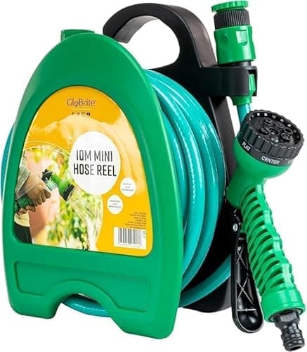 Image of GloBrite Mini Hose Reel with 10m / 32ft Garden Hose Pipe Spray Gun & Adjustable Nozzle, Wall Mountable, Compact and Portable for Small Garden, Balconies, Watering for Pots and Outdoor Cleaning