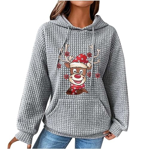 Image of Womens Sweatshirt Christmas Jumpers Long Sleeve Tops Christmas Sweatshirt Pullover with Hooded Tree Graphic Holiday Lightweight Shirt Athletic Activewear Going Out Tops