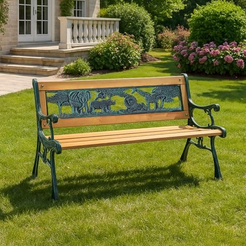Image of Garden Mile Wooden Kids Bench Outdoor Heavy Duty Solid Wood 2 Seater Garden Bench With Cast Iron Animal Pattern - All Weather Children Garden Furniture for Patio Chair, Balcony, Porch