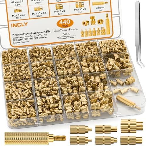 Image of INCLY 440PCS Threaded Inserts Set with Soldering Tip & Adapter, M2 M2.5 M3 M4 M5 M6 Female Thread Metric Knurled Nuts Assortment Kit，Brass Hardware Nuts for Plastic and 3D Printing Component