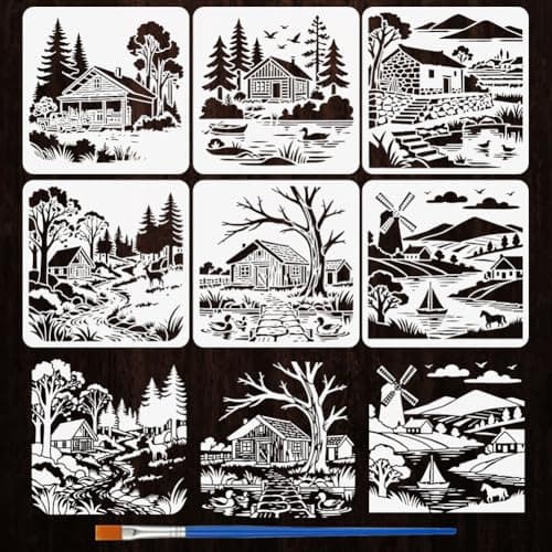 Image of FINGERINSPIRE 6 Styles Village Landscape Pattern Stencils with a Brush 30X30cm Rural Houses Painting Stencils Architecture and Local Themes PET Template for Wood Floor Tile Wall Fabric Furniture
