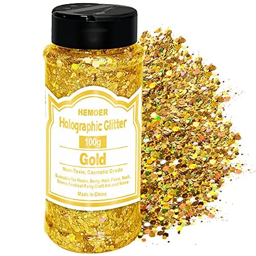 Image of HEMOER Holographic Chunky Glitter, 100g Gold Chunky Sequins Glitter, Cosmetic Craft Glitters for Resin, Face, Nail, Body, Crafts, Slime Festival Party Art and More-3.52oz/Bottle