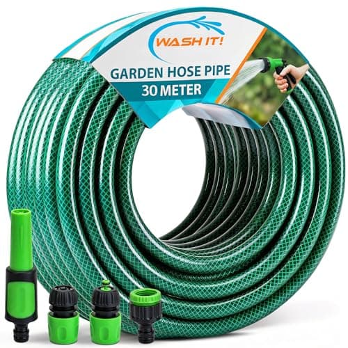 Image of 5pc Garden Hose Pipe with Connectors and Adjustable Spray Nozzle Fitting - Reinforced Weatherproof Garden Hosepipe with Hose Nozzle and Hosepipe Connectors for Car Washing and Plant Watering (30m)