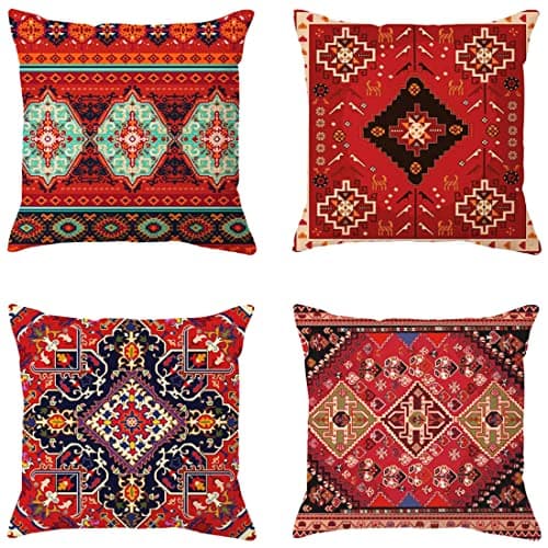 Image of NDMMSO Set of 4 Cushion Covers 18x18 Inches Boho Red Outdoor Decorative Pillow Covers, Abstract Persian Carpet Pattern ,novel Persian Carpet Pattern for Sofa Couch Square Cushion Covers 45x45cm
