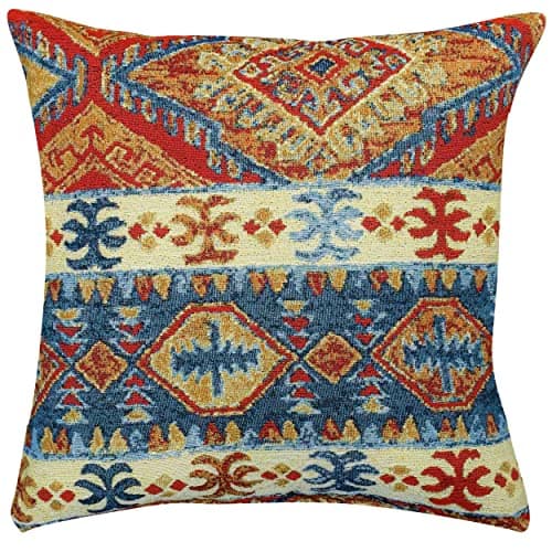 Image of Linen Loft Riad Tapestry Cushion Cover. Traditional Red, Blue and Multicoloured Horizontal Geometric Navajo Kilim Design. 17x17 Square Cushion Cover Only.
