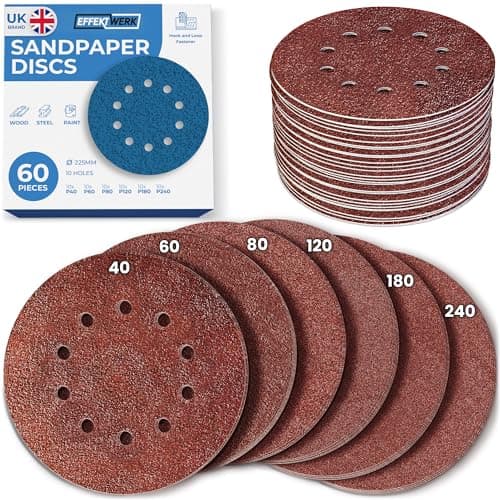 Image of Effektwerk Sanding Discs (60 Pack, 10 Holes), 225mm Sandpaper for Random Orbital Sanders, Self-Adhesive w/Hook & Loop Closure, Fine & Coarse Grinding w/ 40/60/80/120/180/240 Grits (10 Pcs each)