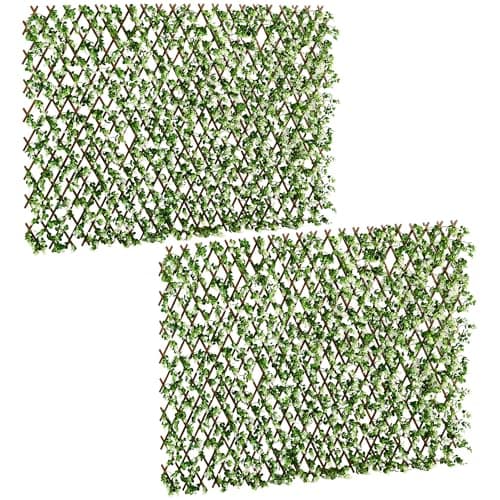 Image of Outsunny 2pc Expanding Garden Trellis, 2 x 1m Faux Decorative Privacy Fence with Artificial Leaves, Privacy Screen Greenery Walls for Garden Balcony, Eucalyptus Leaves
