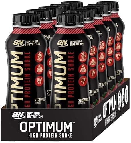 Image of Optimum Nutrition High Protein Shake Bottles, Ready To Drink Healthy Snacks, No added sugars, low fat , Post Workout Snack for Men and Women, Strawberry Flavour, 12x330ml, Packaging may vary