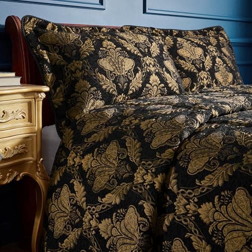 Image of Paoletti Shiraz Bedspread – Luxurious Embroidered Floral Damask Jacquard Coverlet Bedding (Black – 275x275cm)