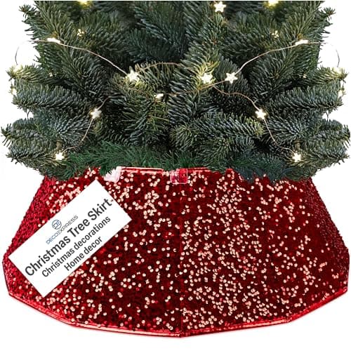 Image of DECO EXPRESS Christmas Tree Skirt, Sequin Tree Base Cover, Sparkly Collar for Christmas Decorations, Festive Decor for Xmas Party, 40cm x 25cm (Red Sequin, Top 40cm/Base 68cm)