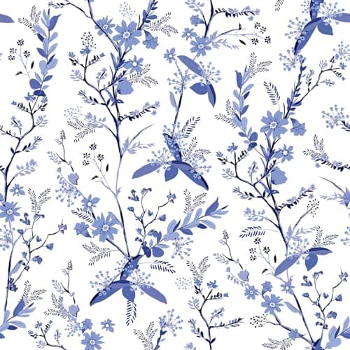 Image of VEELIKE Blue Botanical Wallpaper Blue Floral Wallpaper Vintage White Leaf Contact Paper for Furniture Sticky Back Plastic Patterned Wall Paper for Bedroom Art Deco Wall Mural Cabinet 44.5cm×300cm