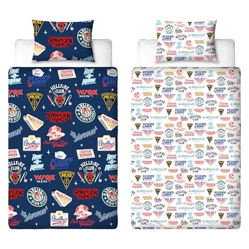 Image of Stranger Things Official Single Duvet Cover | Gorgon Design, Reversible Easy Care Bedding 2 Sided Duvet Quilt Set with Matching Pillow Case, Multicolour Print with Hellfire Club, Hawkins Logos