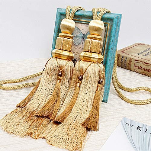 Image of 1 Pair Curtain Tiebacks Holdbacks Clip Binding Rope Tie Backs Handmade Tassel Tiebacks Home Window Decorative (Gold2)