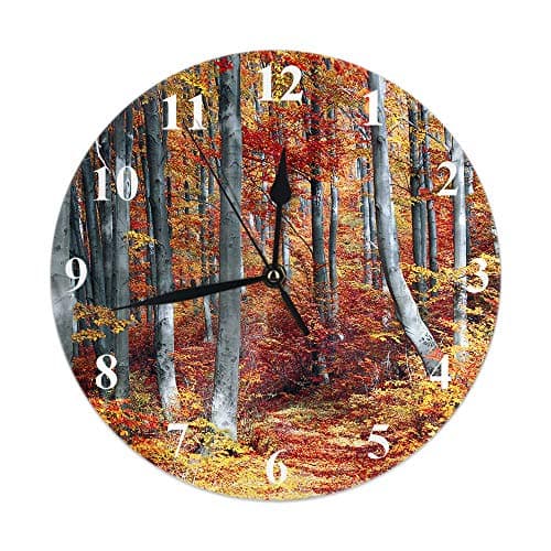 Image of Lsjuee Red and Yellow Round Wall Clock, Beautiful Autumn Trees Round Wall Clock Home Garden Wall Decorative for Bedroom Office School Art(10")