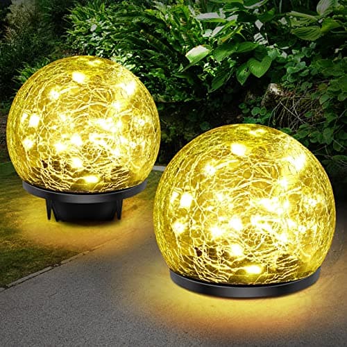 Image of Keevvon Solar Garden Lights, 2 Pack 80 LED Cracked Glass Solar Globe Lights Outdoor Decoration, Upgraded Waterproof Warm White Ball Lights for Yard Pathway Patio Lawn Christmas Outside Decor, 5.9"