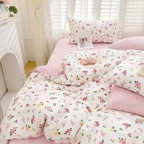 Image of Michorinee Pink Floral Double Duvet Cover Set 100% Cotton Chic Flowers Bedding Set Reversible White and Pink Comforter Cover 200x200 with Zipper Closure and 2 Pillow cases